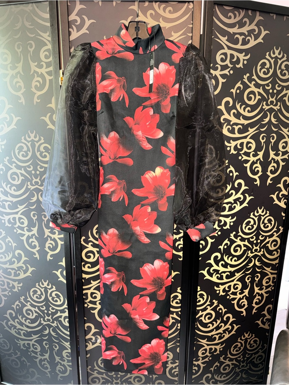Fashion Nova Black Midi Dress with Red Floral Print and Sheer Puff Sleeves